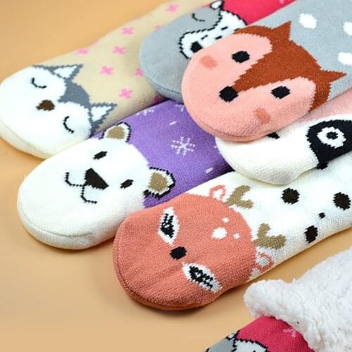 Socks Women Winter Thicken Plus Velvet Floor Socks Home Slippers Sock Warm Carpet Sock Lamb Wool Husky Kawaii Warm Sox for Girls