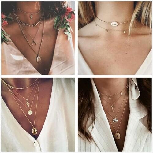 Shell Necklace Women Bohemian Multi-Layer Cross Star Clavicle Chain Necklace Jewelry Accessories Wholesale Collares Kpop