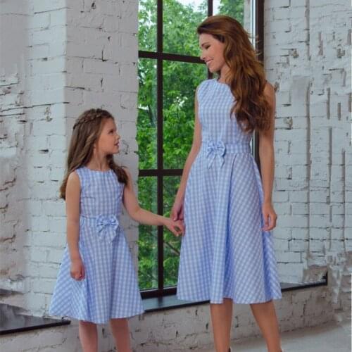 Mother & Daughter Bow Plaid round Neck Parent-Child Matching Outfit Dress