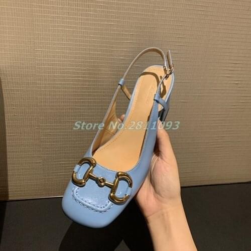 Dress Women Pumps Sexy Square Toe Slip On Metal Buckle Open Toe Slingback Dress Shoes Block Heel 6.5 cm Shallow Dress Shoes