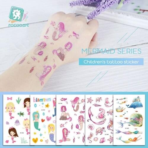 Rocooart New Cartoon Temporary Tattoo Mermaid Fake Tattoo Colorful Kids Taty For Children Present Ocean Animals Flash Tatoo Hand