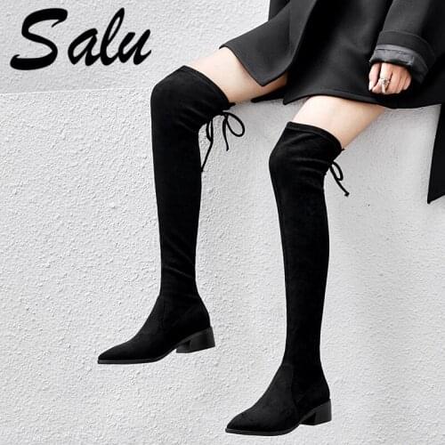 Salu Top Quality Boots Women Over The Knee Boots Square Heels Round Toe Flock Leather Shoes Woman Warm Autumn Basic Boots