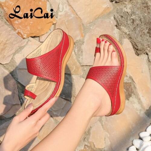 Women Shoes Fashion Large Size Womens Shoes Retro Bohemian Style Hollow-out Wedge Sandals Womens Flip-Toe Sandals