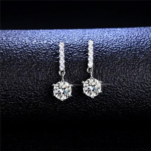 Silver Excellent Cut Diamond Test Passed 1 Carat D Color Moissanite Drop Earrings Platinum Plated Shiny Diamond Earrings Gift