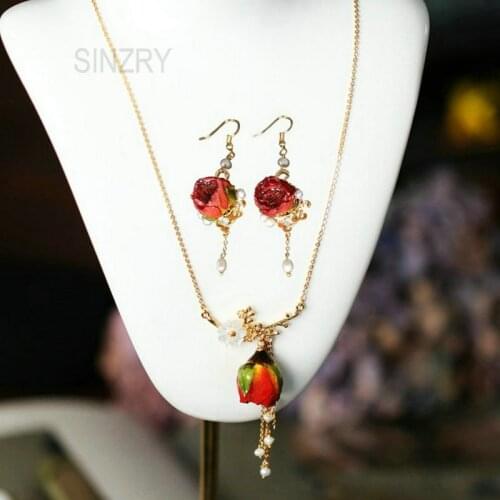 SINZRY orignal handmade natural preserved rose flower pearl tassel pendant necklace earring bracelet jewelry sets female jewel