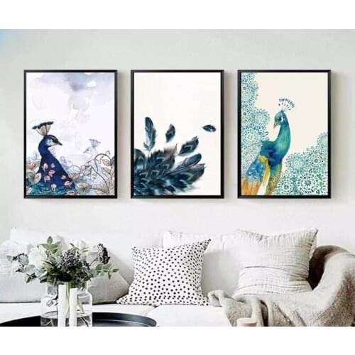 Modern Watercolor Peacock Feathers Modular Canvas Paintings Wall Art Pictures For Living Room Home Decoration Posters and Prints