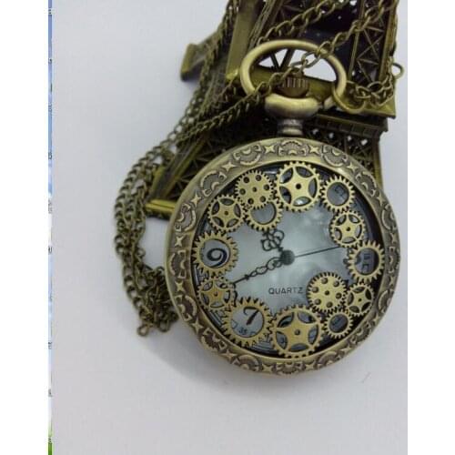 Antique Copper Steampunk Vintage Hollow Bronze Gear Hollow Quartz Pocket Watch Necklace Pendant Clock Chain Mens Women