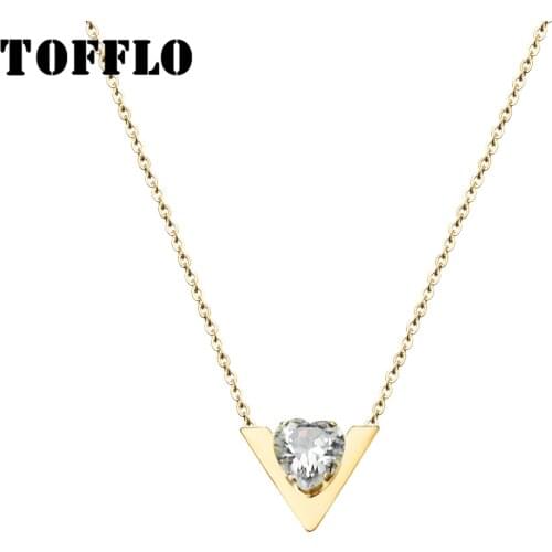 TOFFLO Stainless Steel V-Shaped Peach Heart Zircon Pendant Necklace Simple And Sweet Clavicle Chain BSP203