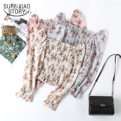 Women Blouse 2020 Autumn Female Long Sleeve Casual Chiffon Shirt Print Floral Raglan Short Blouses Slim Boho Pullover Tops 11186