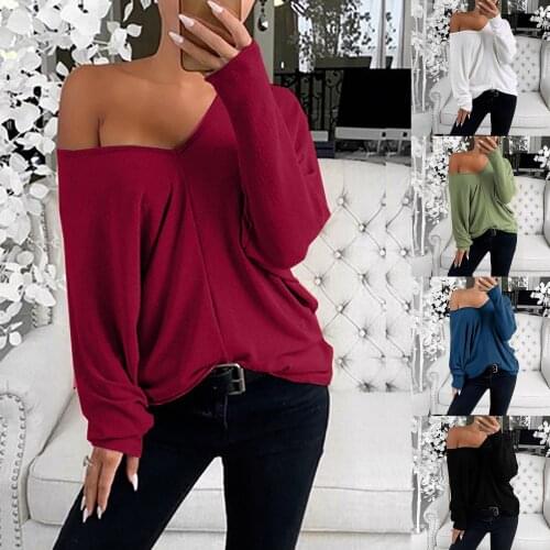 Women Casual Solid Color Shirt Sexy One Shoulder Long-sleeved V-neck Loose Tops Cool Girl Streetwear Sweatshirt Blusa Feminina