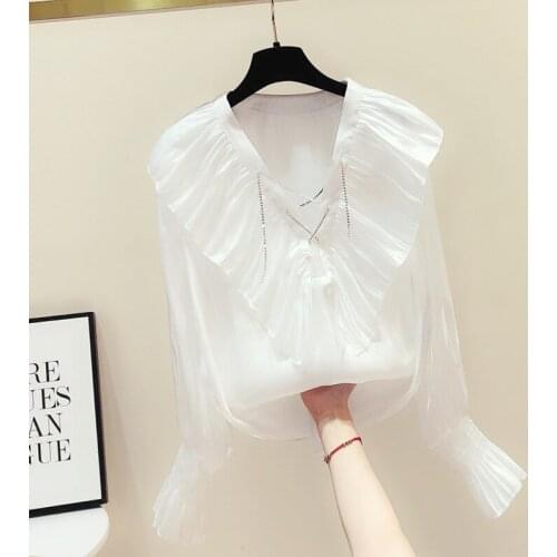 V-Neck Chiffon Women Blouse Summer New Loose Ruffles Office Lady Elegant Pulls Outwear Tops