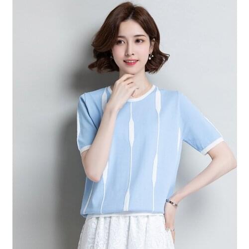 Ice Silk Knitted T-shirt Womens Short Sleeve Round Collar Korean Top Wear Female Casual Loose Fashion T-shirts Clothing H7216