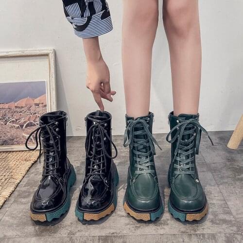 EGTPINAOP Women Shoe Ankle Platform Black Boots Retro Lace-Up Locomotive Martin Round Head Square Heel Fashion Short Boots