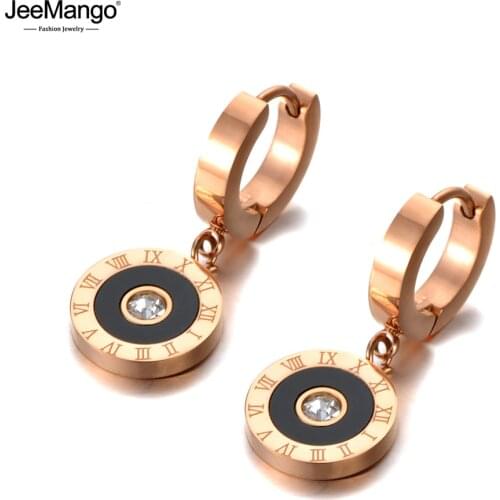 JeeMango Vintage Stainless Steel Black Acrylic Circle Roman Numeral Wedding Earrings For Women CZ Crystl Hoop Earrings JE20092
