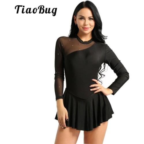 TiaoBug Women Mesh Splice Shiny Dance Figure Skating Costume Adult Long Sleeve Ballet Gymnastics Leotard Dress Stage Dance Wear