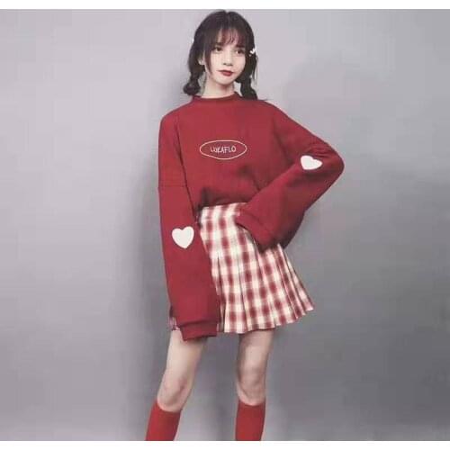 2020 Korean version loose sweater + Plaid pleated skirt small two piece set for women