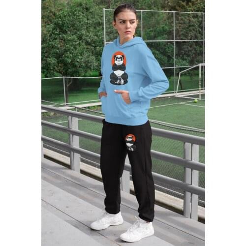 Angemiel Wear Fighter Panda Women 'S Tracksuit Set Blue Hooded Sweatshirt Black Sweatpants