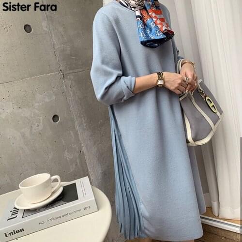 Sister Fara Autumn 2021Patchwork Draped Dress Women O-Neck Full Sleeve Ankle-Length Dresses Female Winter Thicken Pullover Dress