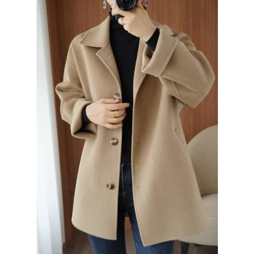 21 new medium and long double-sided cashmere coat womens suit collar loose 100 pure wool tweed small coat
