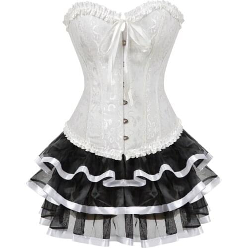 Plus Size Burlesque Corsets Dress Vintage Jacquard Floral Overbust Corset With Tutu Skirt Set Victorian Fashion Gowns S-6XL