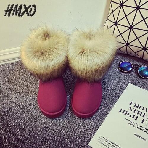 HMXO Winter Warm Snow Boots Womens Short Boots Cotton Boots Waterproof Non-slip Cotton Shoes Warm Fox Fur Women Snow Boots