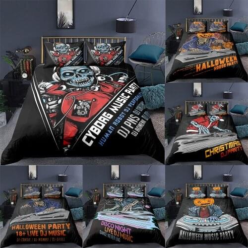 2021 Skull Play Dj Music Bedding Set 2/3pcs Halloween Christmas Gift King Queen Twin Double Size Party Duvet Cover No Sheet