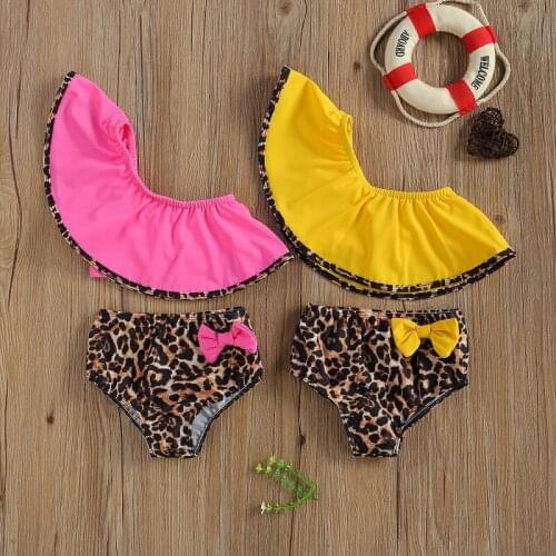 2021 Summer Kids Baby Girl One Shoulder Cape Collar Tops Bow Leopard Swimsuit Two Pieces Bikini Set Beachwear Bathing Suit