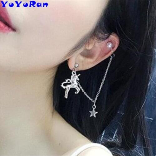 23Piece silver unicorn tassle chian star stud clip earrings woman pearl wing flying horse animal ear cuff ear hook jewelry gift