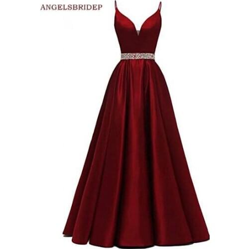 ANGELSBRIDEP V-Neck Long Evening Dresses Party Gowns Sexy Spaghetti Straps Sash Vestidos de festa Special Occasion Prom Dresses