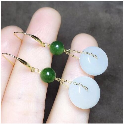 Fine jewelry 18k Gold Inlaidhetian xinjiang Old Earrings, Genuine Spinach Green Earrings