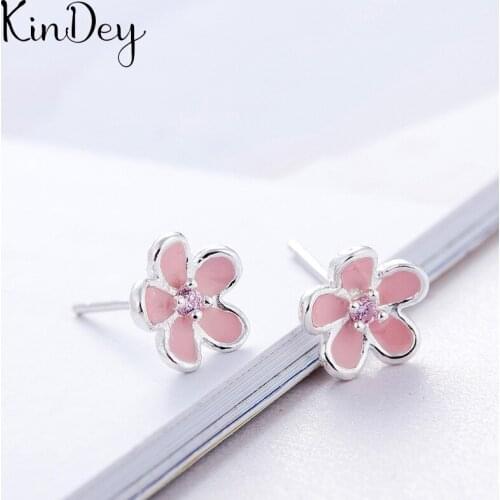 Kindey Fashion Silver Color Pink Flower Earrings For Women Ladies Earrings Girls Gifts Pendientes Brincos