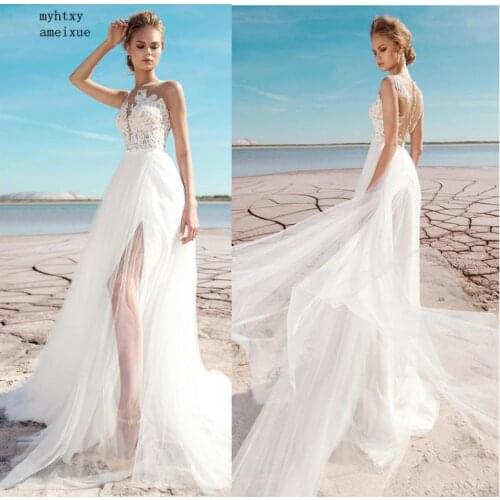 Lace Top Cheap Wedding Dress 2020 With Side Split Appliques A-line Sexy Romantic Wedding Bridal Gown Tulle Wedding Gowns Mariage