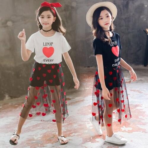 Girls Summer Clothes Heart Tshirt + Mesh Skirt Childrens Clothes For Girls Mesh Tracksuit For Girl Letter Childrens Clothing