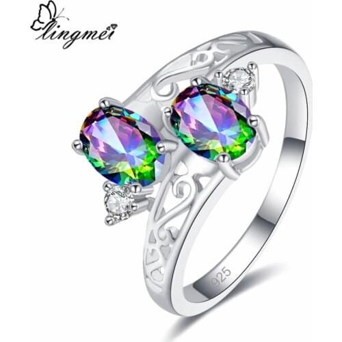 Lingmei New Comes Luxury Fashion Jewelry Oval Cut Multi & White & Sea blue Cubic Zircon Silver Color Ring Size 6-9 For Women