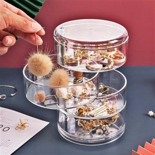 Multifunctional Transparent Rotating Jewelry Storage Box Earrings Hand Necklace Dustproof Small Objects Four-layer Round Box