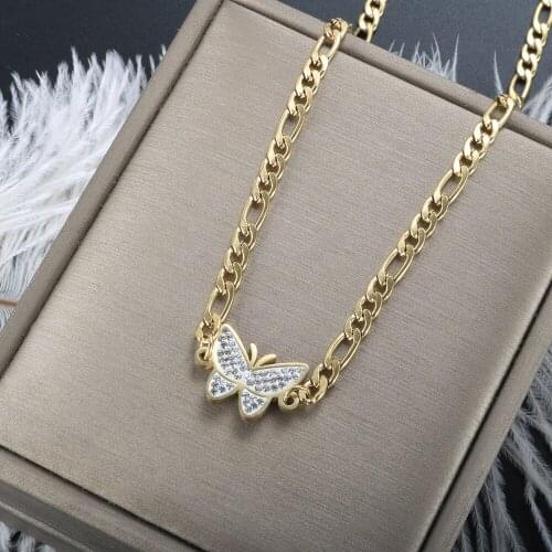 ZMFashion Fashion INS Wind Necklace 14K Gold Figaro Chain Super Flash Zircon Butterfly Necklace Female Titanium Steel Jewelry