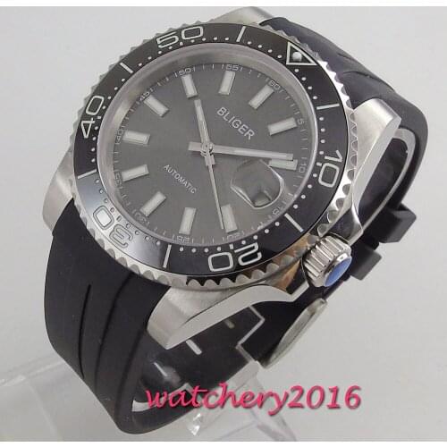 Bliger 40mm black dial luminous hands Rubber stainless steel automatic movement Mens Watch