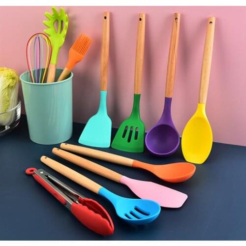 12pcs/set Kitchen Spoon Set Silicone Cooking Utensil Set Wooden Handle Spatula Tools Kitchen Accessory