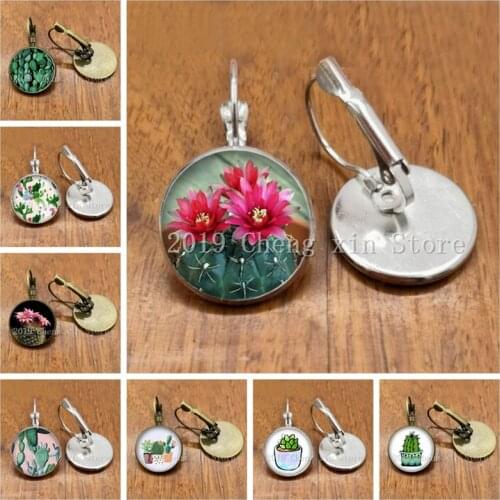 2020 new green plant cactus round glass cabochon handmade earrings