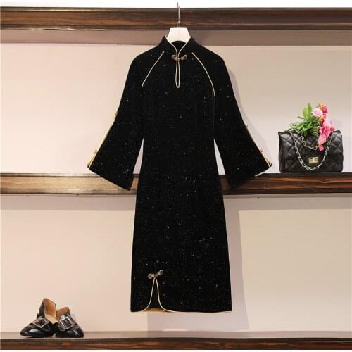 Retro Chinese Cheongsam 2020 Autumn Elegant Womens Flare 3/4 Sleeves Pleuche Slim Split Dress Female Dresses A3859