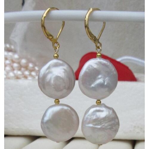 PAIR OF 17-18MM SOUTH SEA AAA++ WHITE COIN PEARL DANGLE BAROQUE EARRING 14k/20 GOL