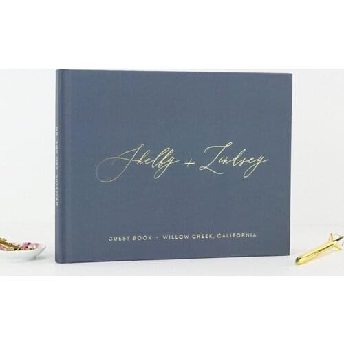 Personralized Wedding Guest Book, Monogram Wedding Guestbook Slate Blue landscape Ideas, Gold Foil Engagement Rustic photo booth