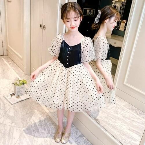 Summer Kids Polka Dot Dress Princess Beige Color Teenager Chiffon Dresses For Girls Party Birthday Clothing 4 7 8 9 11 12 14Y
