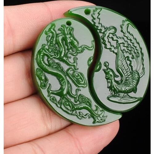 Chinese Natural Jade Green Hand-carved Dragon and Phoenix Pendant Fashion Boutique Jewelry Couple Necklace Popular Gift