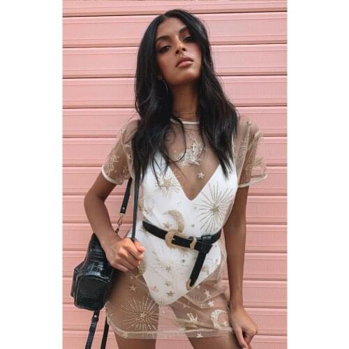 See-Through Mesh Cover Up Dresses Women Summer Sexy Short Sleeve O-Neck Gold sequins Mini Beach Dress Ladies Hot Sale