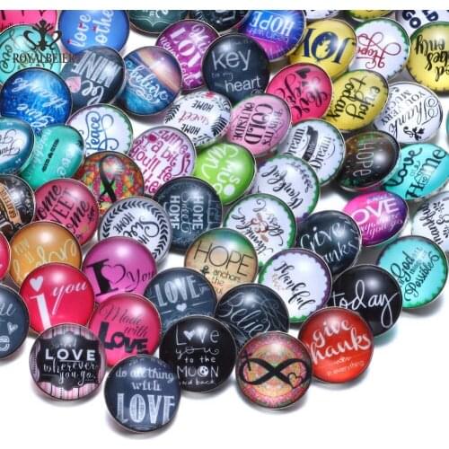 RoyalBeier 20pcs Love Theme Snap Buttons Glass Snaps Button Mixture 18mm Button Fit Charm Bracelets & Bangles Pulsera For women