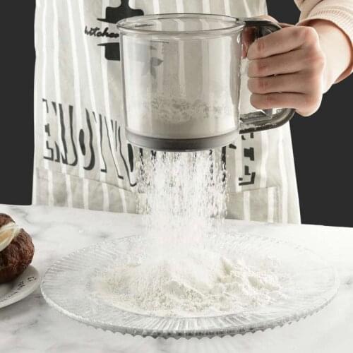 Hand-held Plastic Flour Sieve Cup Fine Mesh Powder Icing Sugar Sieve Cup With Measuring Scale Kitchen Tools Baking Accessories