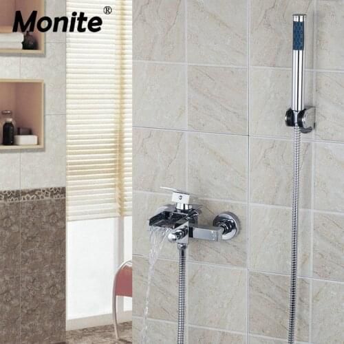 Solid Brass Wide Spout With Handle Shower Bathroom Wall Mounted Bath Tap Mixer Waterfall Bathtub Faucet