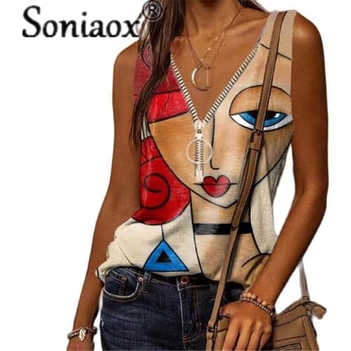 2021 Summer Tank Tops Women Cartoons Abstract Face Print Sleeveless T-Shirt Casual Loose Zipper V-Neck Vest Harajuku Tee Shirts
