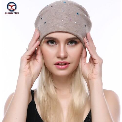CHING YUN Women Cashmere knit hat new soft Winter Warm Rhinestone embroidery High Quality Female Solid Color Knitted Hat C19-09